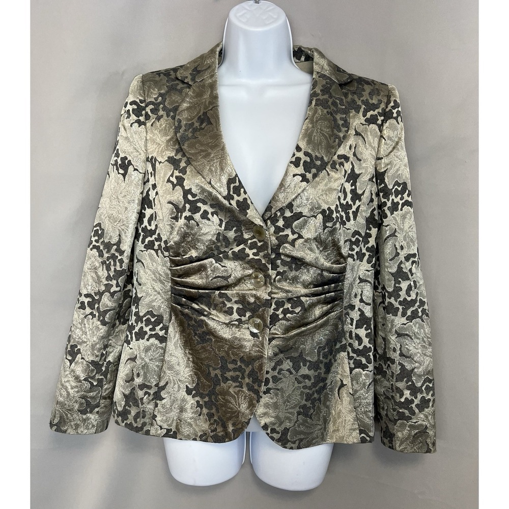 Armani Collezioni Women Floral Silver Gray Blazer Collared Long Sleeve Size 12